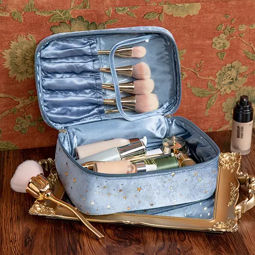 Wholesale Velvet Makeup & Toiletry Bag Set | Luxurious Beauty Organizers with Star Details for Beauty Brands & Travel